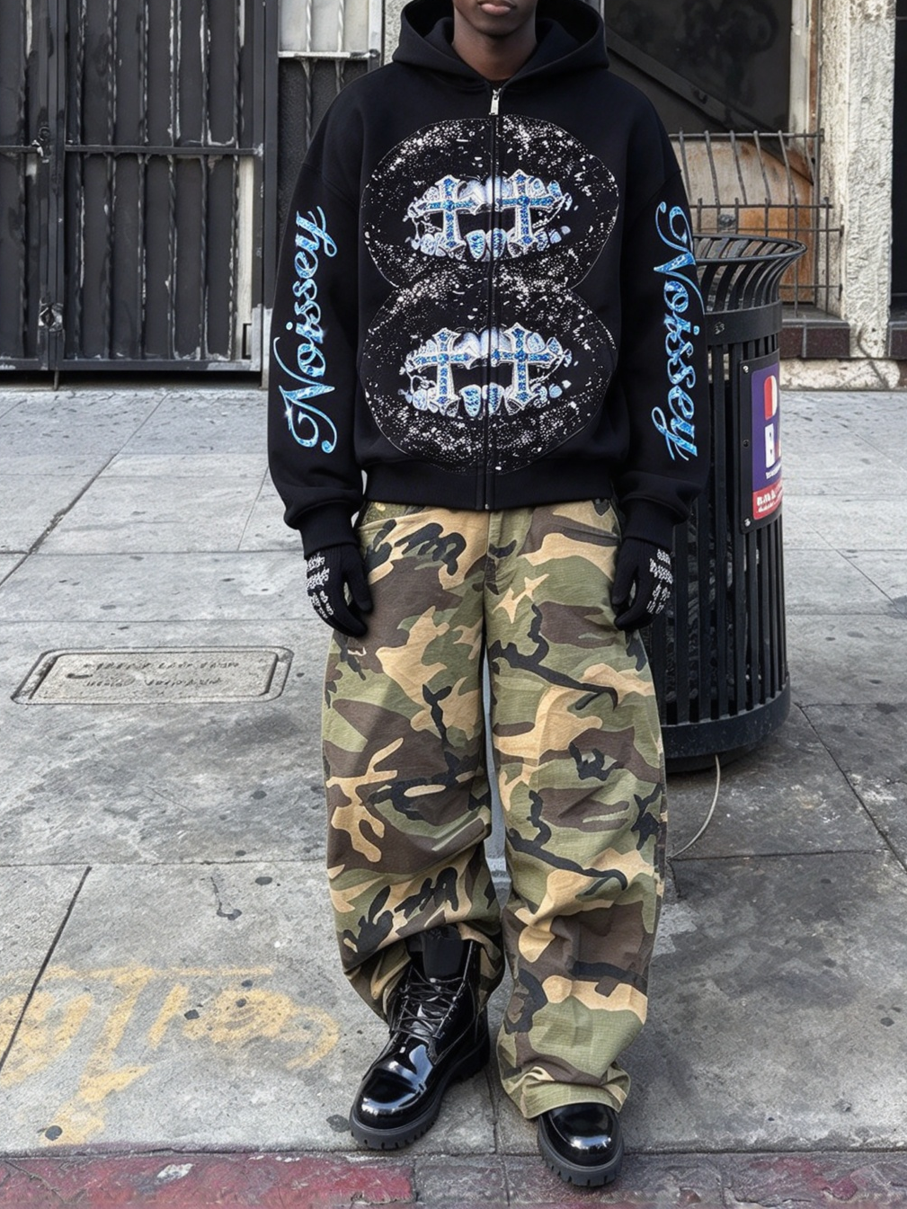 NOISSEY "Double Blue Diamond Cross" Full-Zip Hoodie - Black
