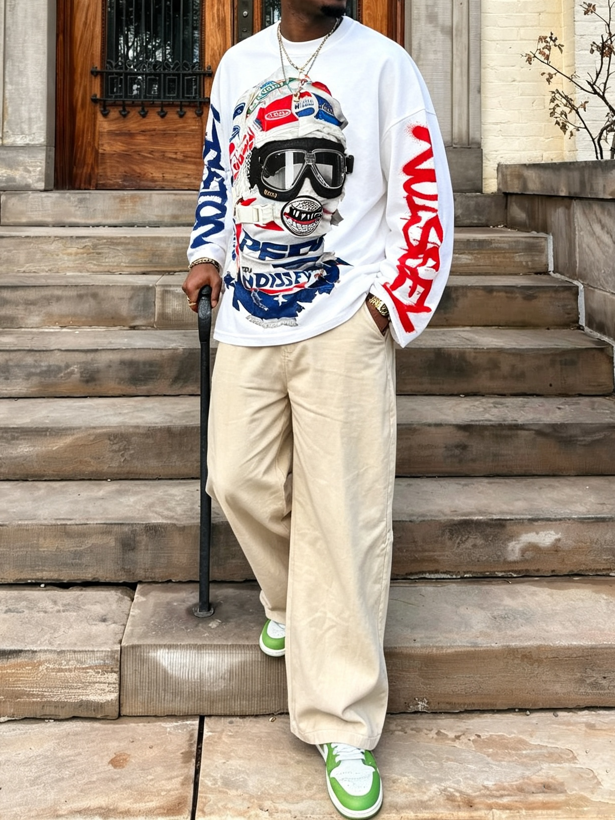 NOISSEY Speed Phantom Racing-Maske, asymmetrisches Graffiti-Langarmshirt – Weiß