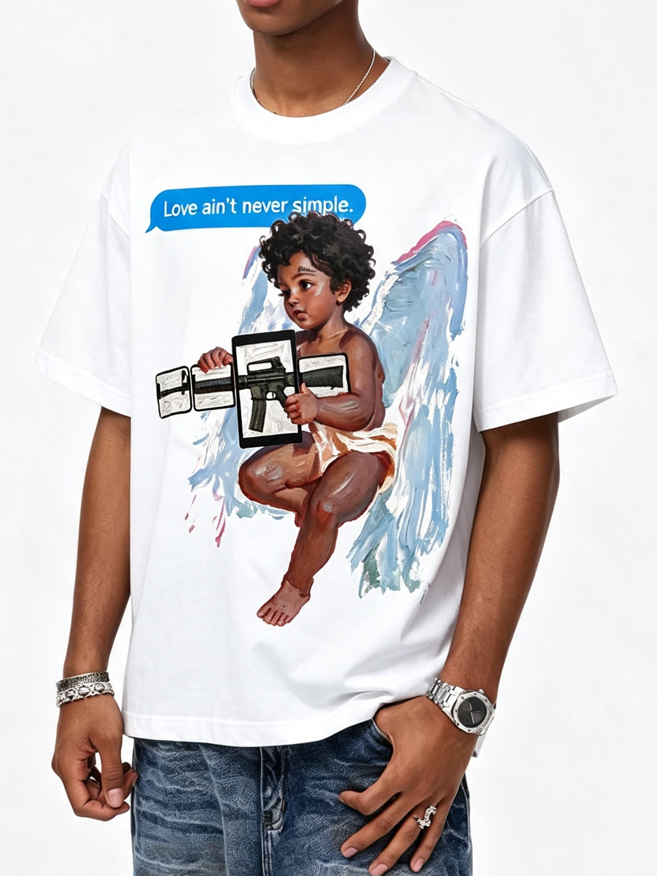 NOISSEY Modern Cherub Oil Painting Oversized T-Shirt - Pure White