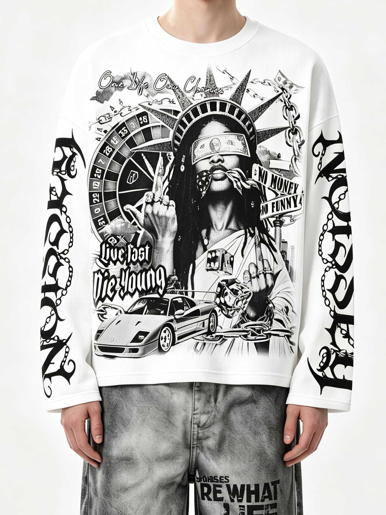 NOISSEY Liberty & Luxury Sports Car Graphic Long Sleeve Sweatshirt (Crisp White)