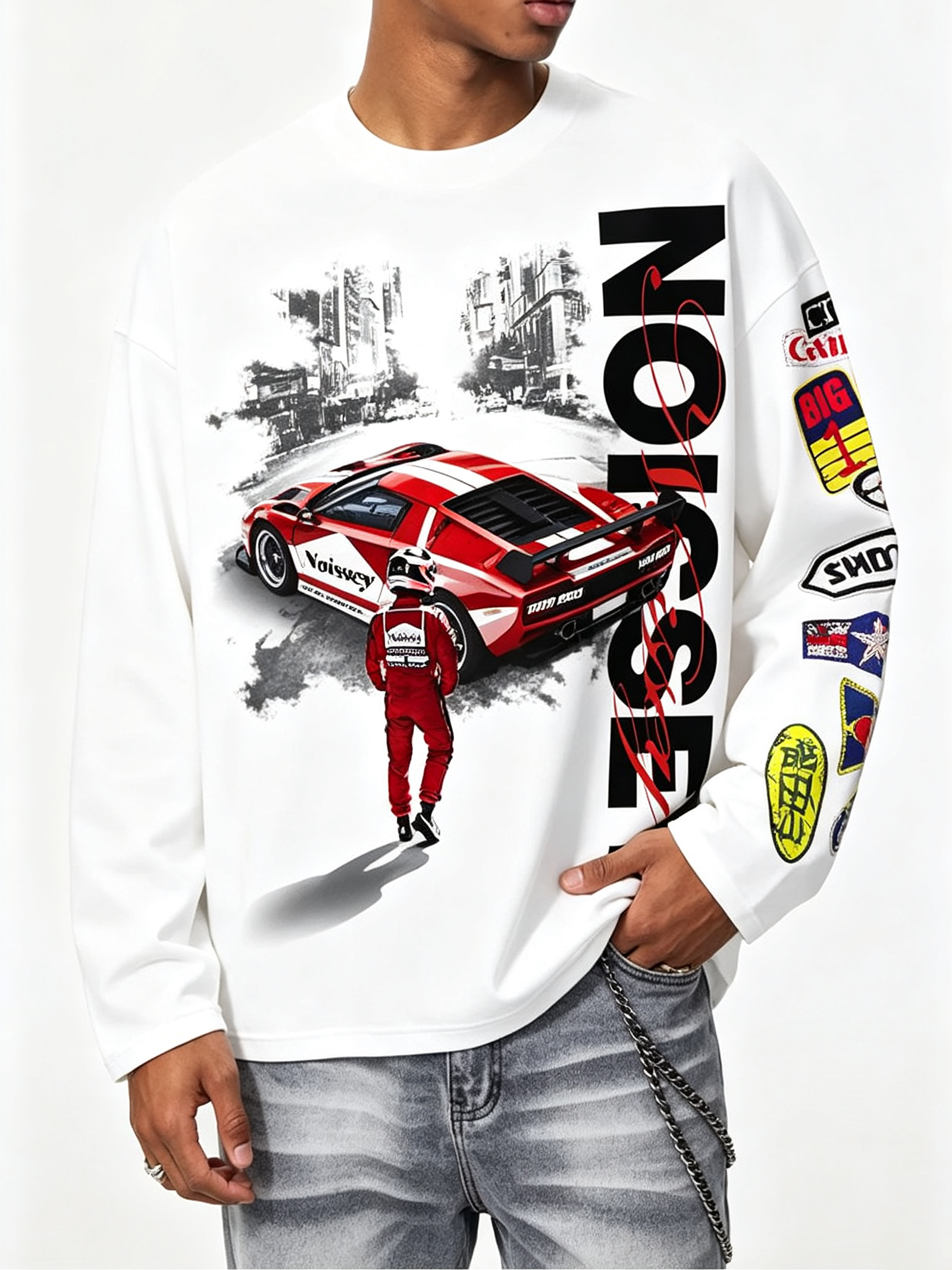 NOISSEY Red Racer Urban Scene Graphic Long Sleeve  - White