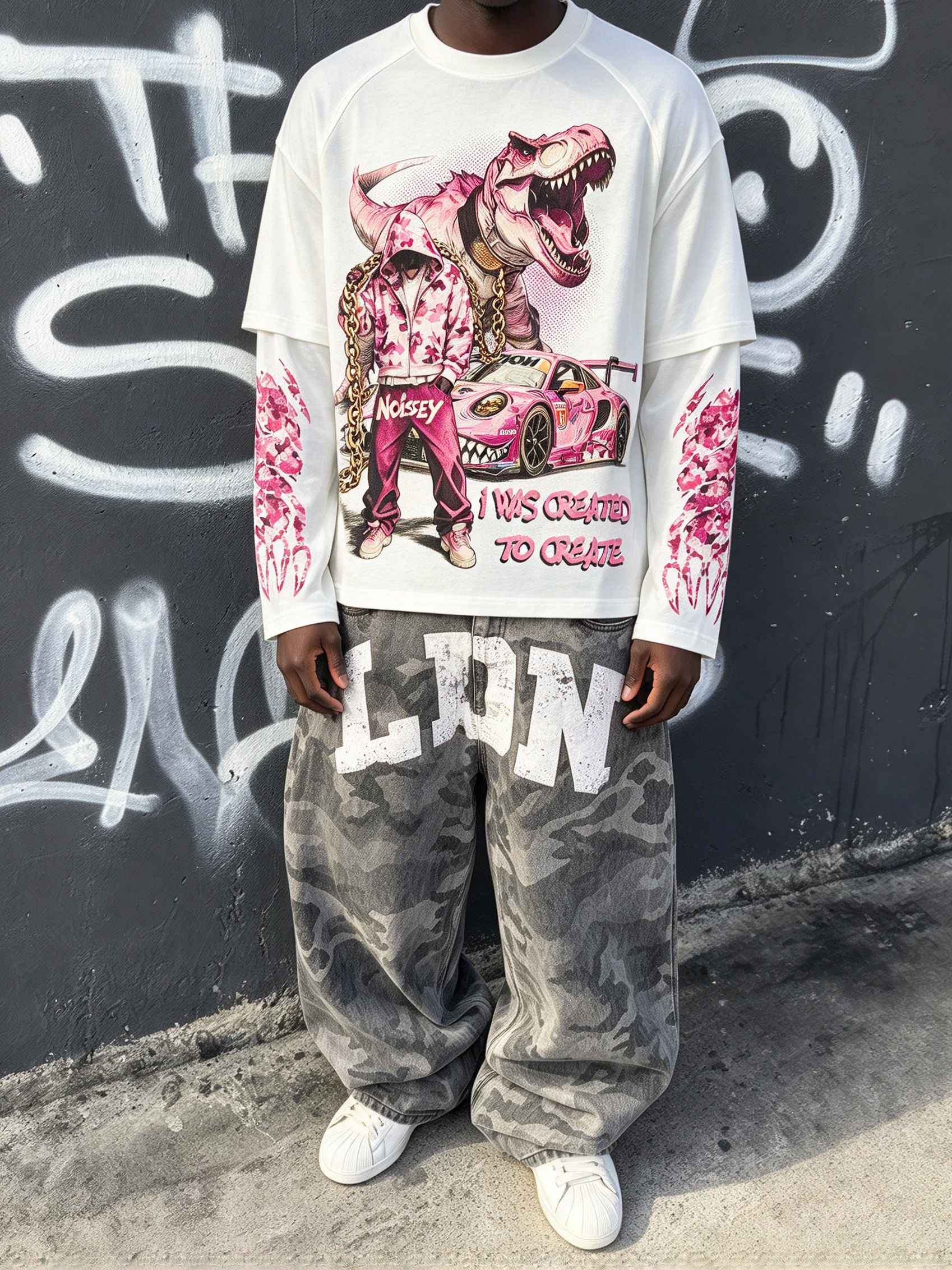 NOISSEY "I Was Created to Create" Pink Camo Dino Fake Two-Piece Long-Sleeve Tee