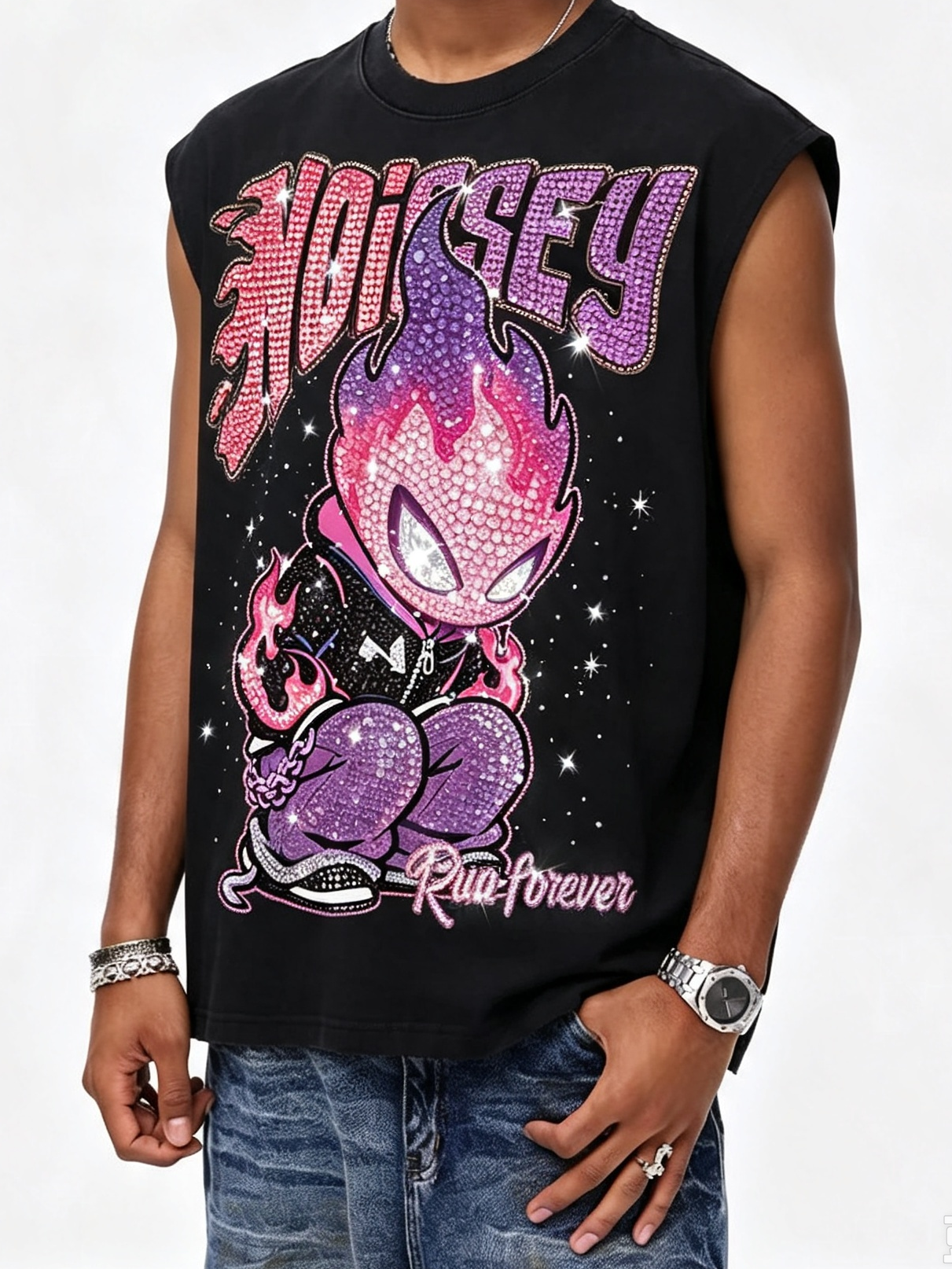 Camiseta de tirantes NOISSEY Run Forever con personaje de llamas cubierto de pedrería - Negro fantasma