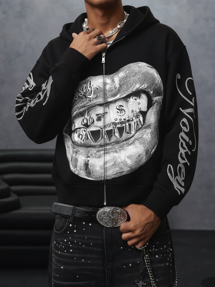 NOISSEY Metallic Grillz Lips &amp; Rhinestone Sleeve Zip-Up Hoodie - Black Streetwear Hoodie