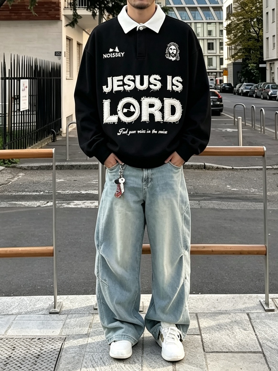 NOISSEY "JESUS IS LORD" Religious Art Polo Sweatshirt - Pitch Black