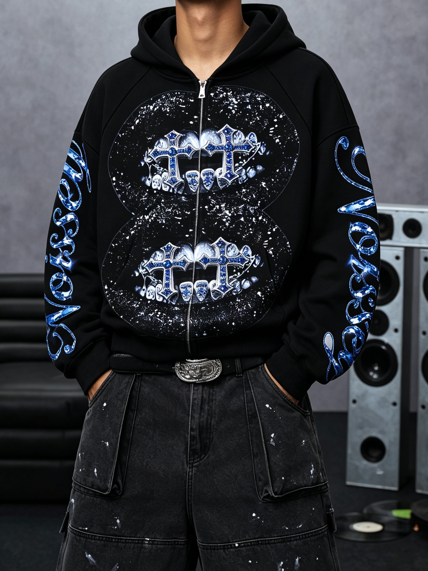 NOISSEY "Double Blue Diamond Cross" Full-Zip Hoodie - Black