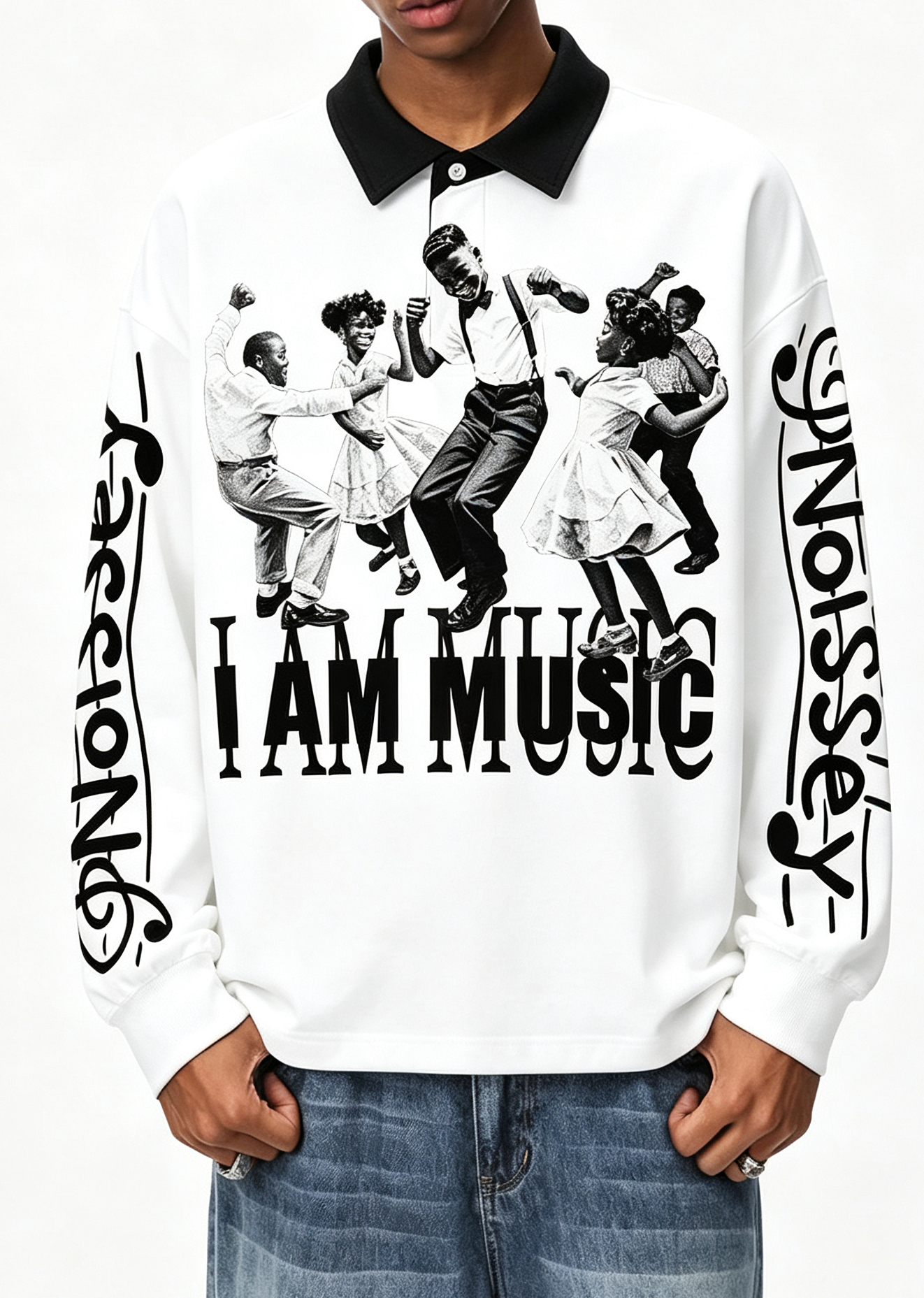 NOISSEY Vintage Music Party Monochrome Art Long Sleeve Polo Long Sleeves