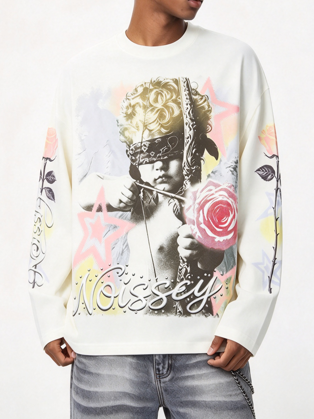 NOISSEY "Blind Cupid" Morandi Tone Paisley Blindfolded Angel & Rose White Long-Sleeve Tee