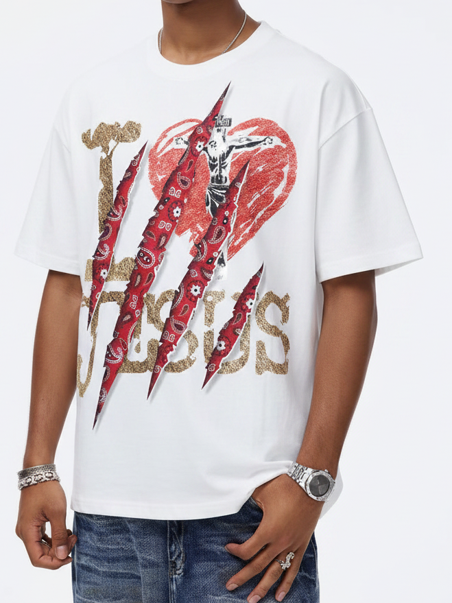 NOISSEY I LOVE JESUS Red Paisley Claw Slash Graphic T-Shirt - White Oversized Streetwear Tee