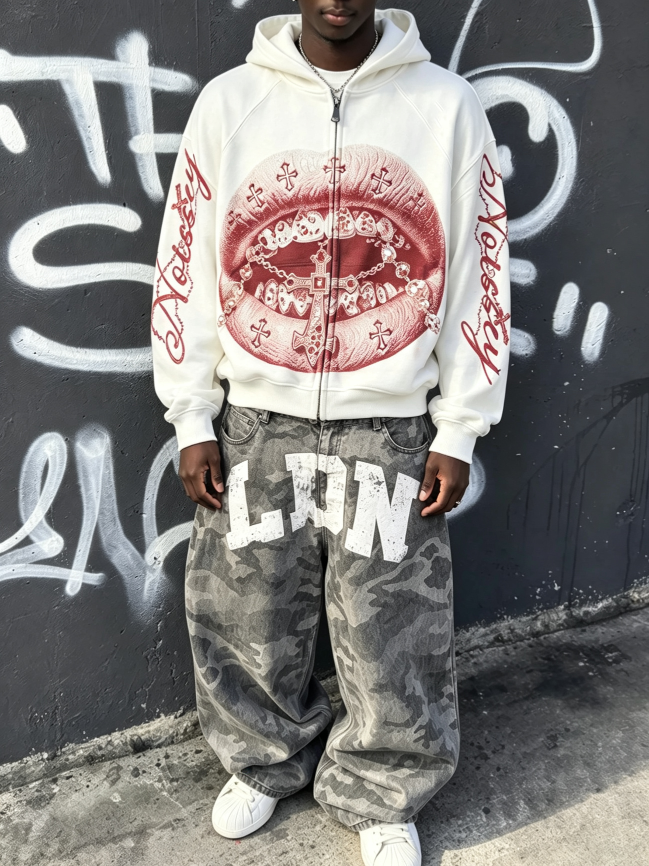NOISSEY "Red Print Cross Grills" Full-Zip Hoodie - White