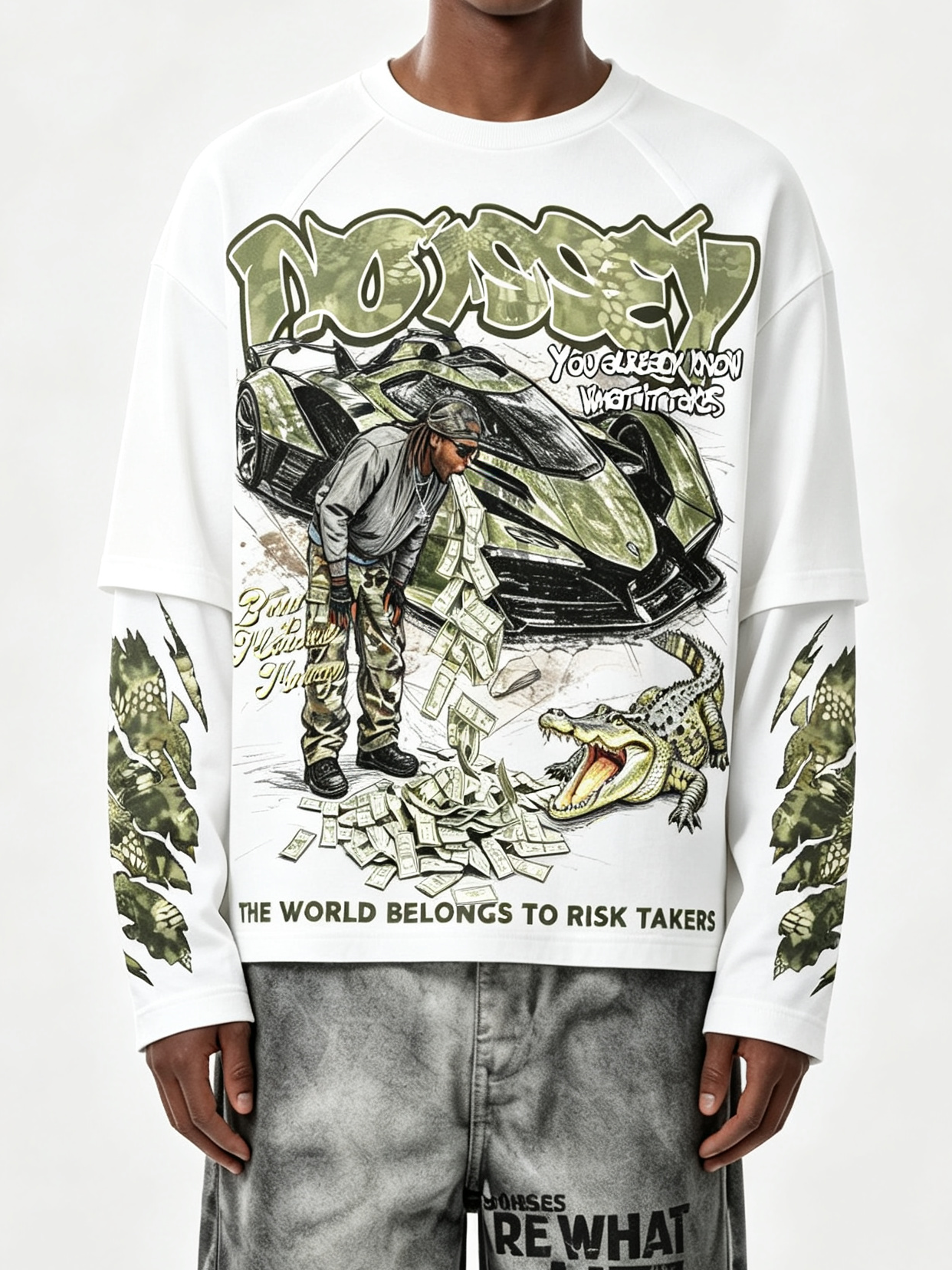 NOISSEY Camo Supercar Alligator Money Faux Layer Sweatshirt - White Streetwear