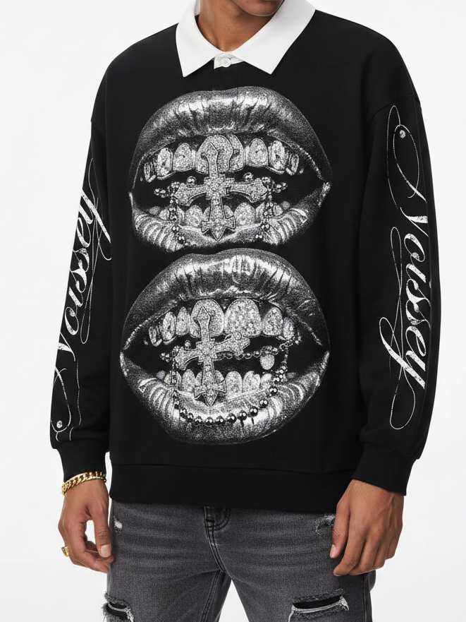 NOISSEY Silver Metallic Lips & Chrome Cross Graphic Heavyweight Contrast Collar Polo Long Sleeves