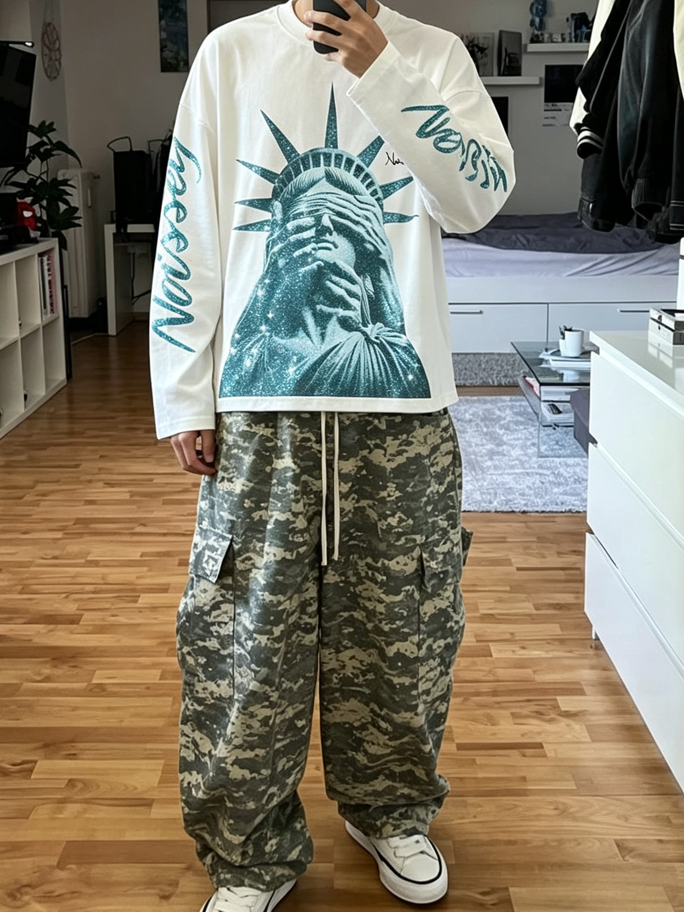NOISSEY "Liberty Blinded" Teal Diamond Sparkle Graphic Long Sleeve