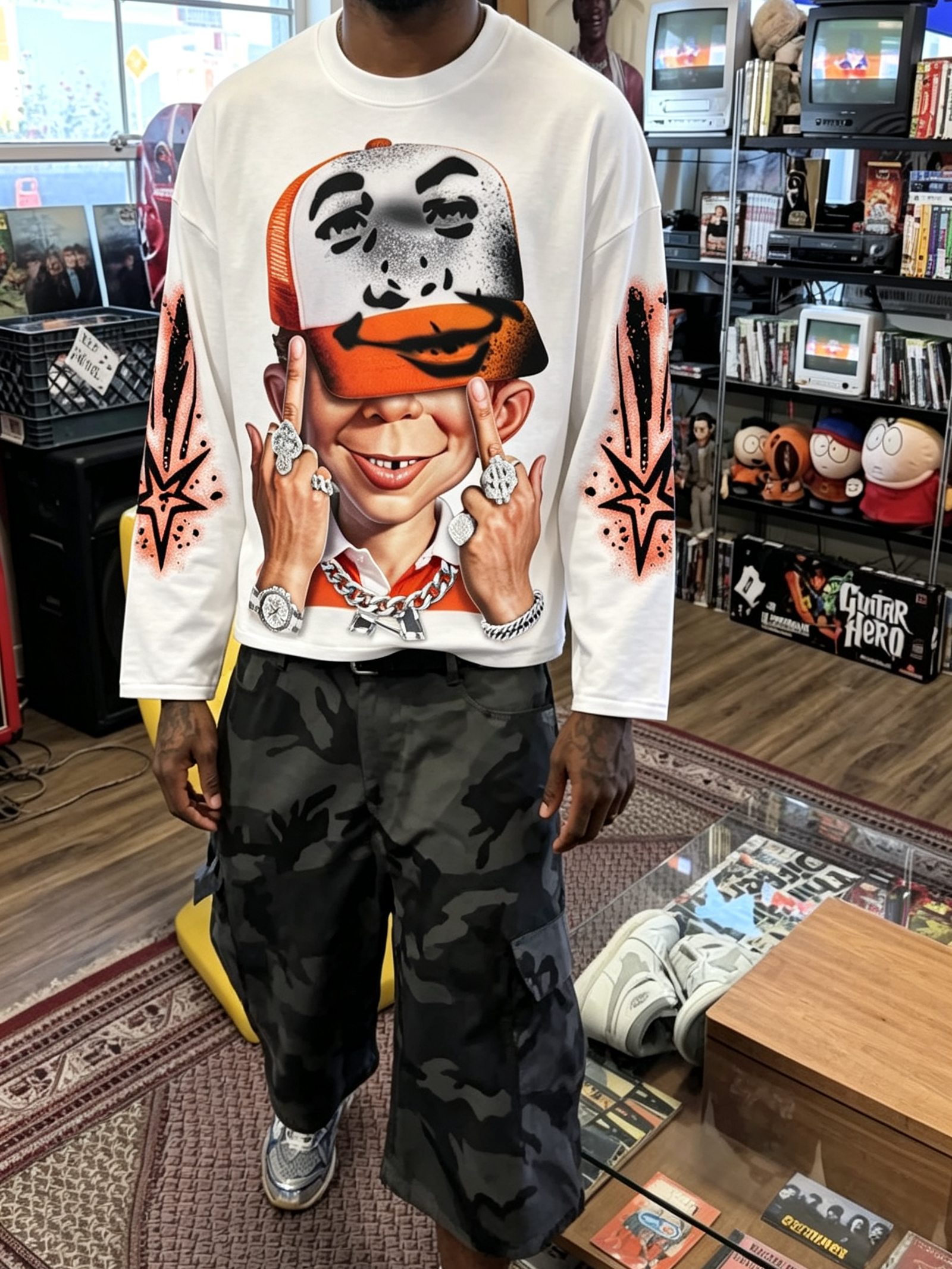NOISSEY Orange Cartoon IP Graphic Heavyweight Long Sleeve Tee - Optic White Streetwear Shirt