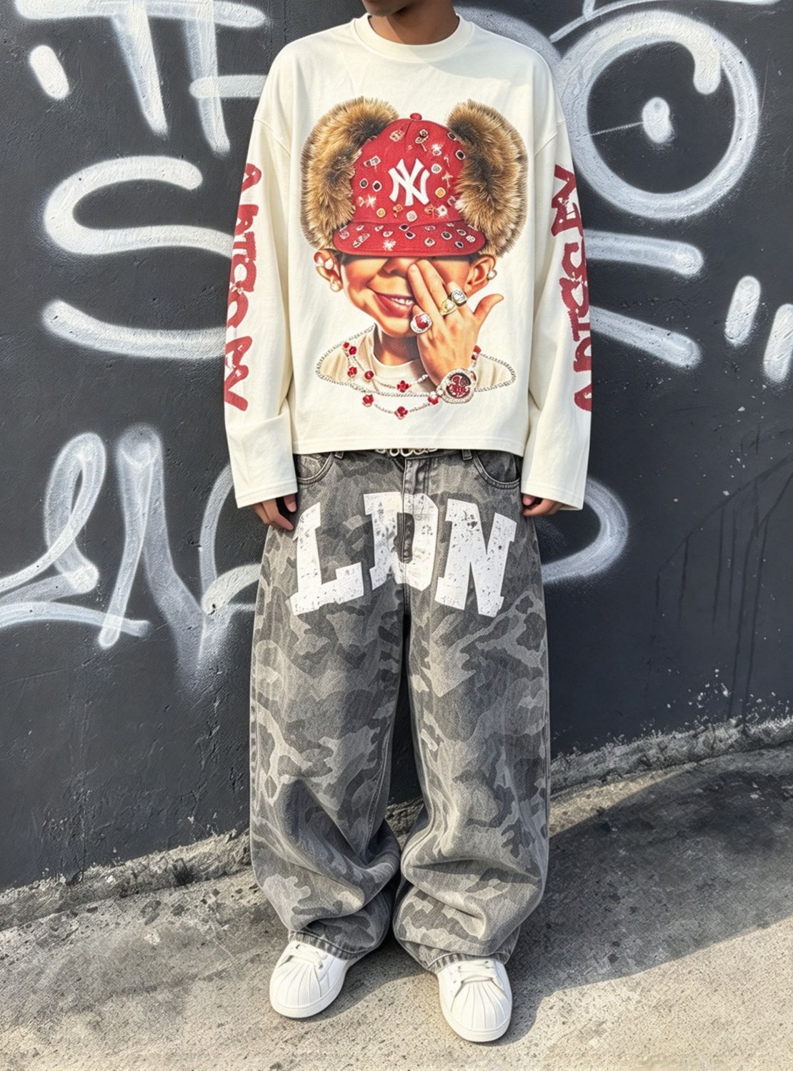 NOISSEY camicia streetwear a maniche lunghe con grafica di figura con berretto rosso ghiacciato