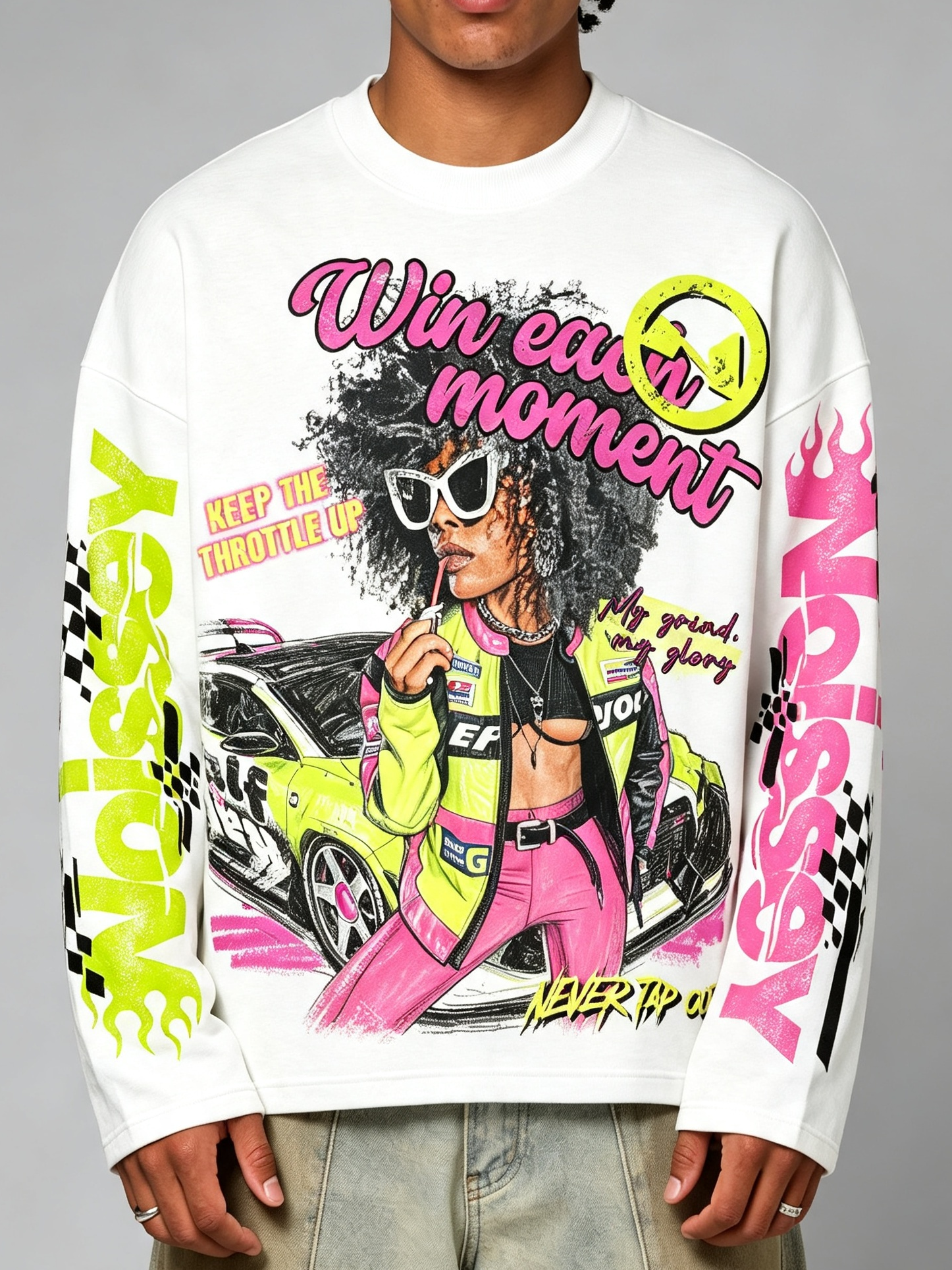 NOISSEY Biker Girl Street Graffiti Long Sleeve Sweatshirt - White