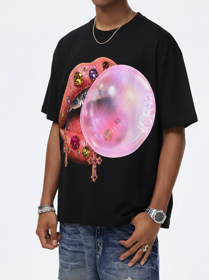 NOISSEY Jeweled Lips Bubblegum Boxy Graphic Tee