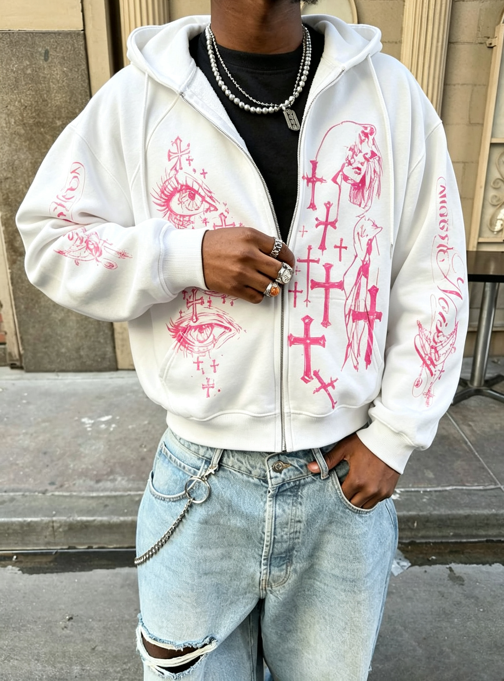 NOISSEY Pink Cross All-Seeing Eye Graffiti Zip-Up Hoodie - Pure White