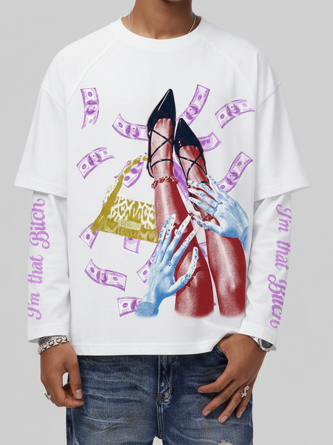 NOISSEY Monochrome Art Nail & High Heels Faux Layer Long Sleeve T-Shirt - Pure White