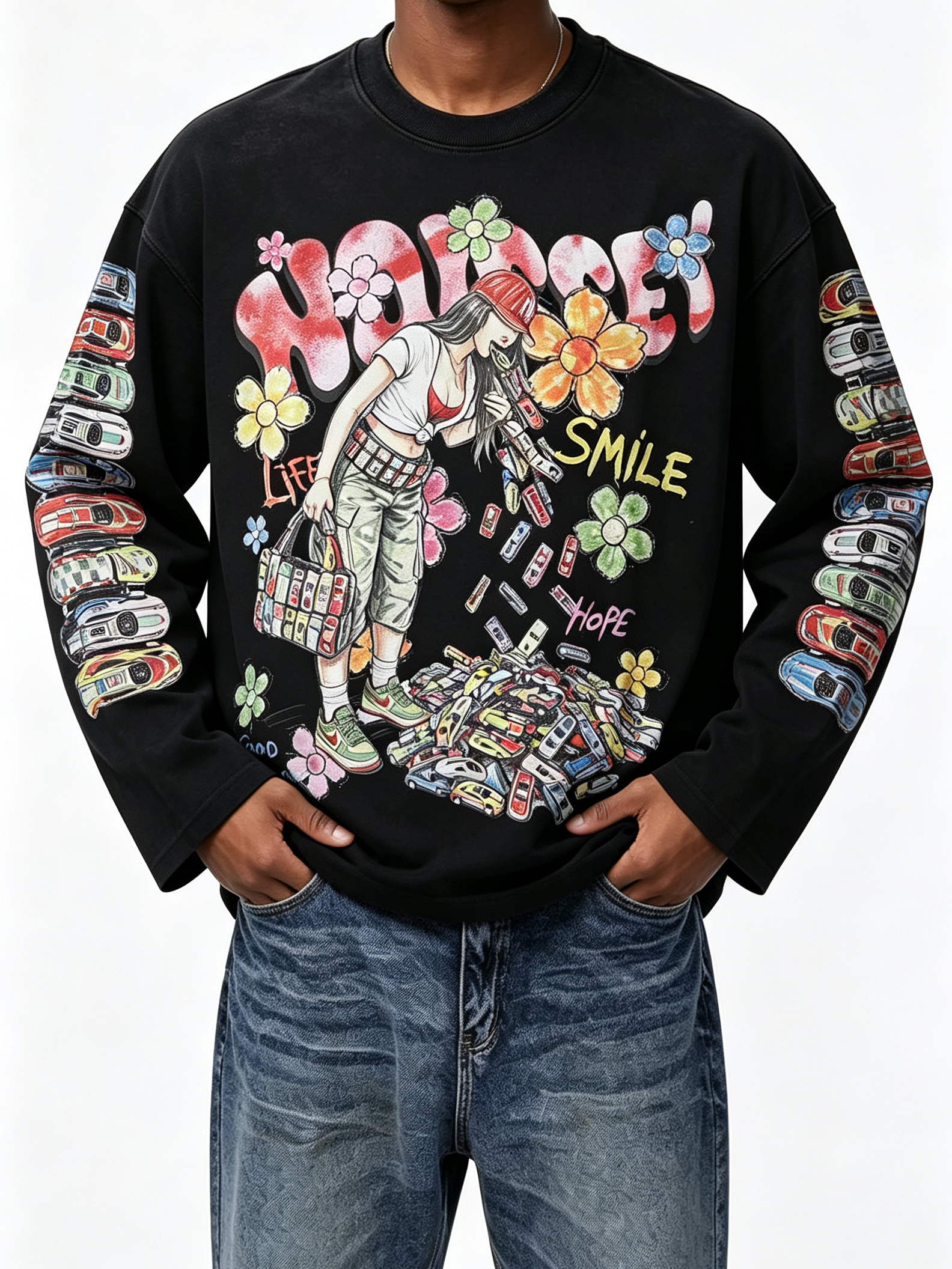 NOISSEY Hand-Drawn Toy Cars Girl Graffiti Long Sleeves - Two Colors