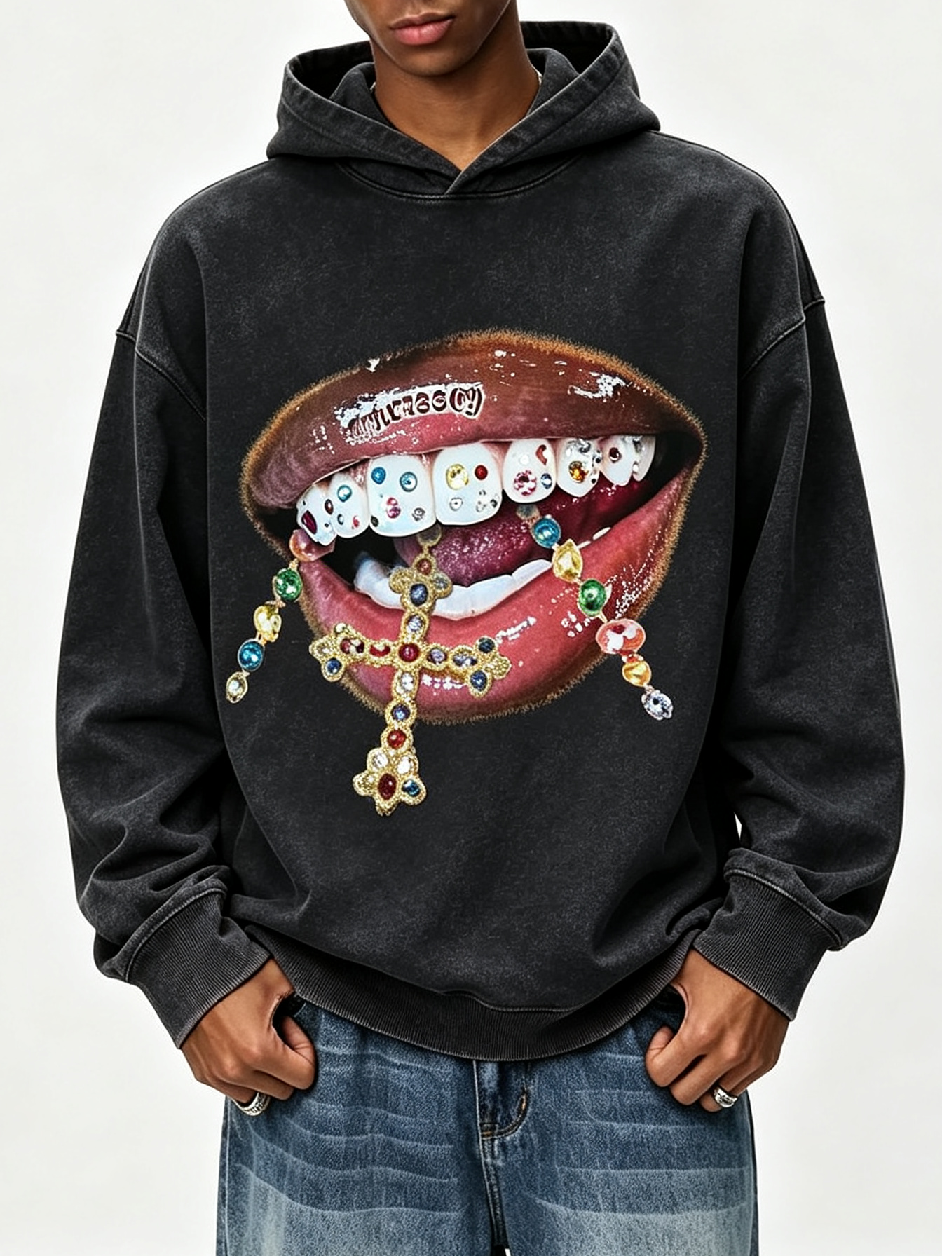 NOISSEY Vintage Wash "Diamond Cross Grillz" Heavyweight Hoodie (425g)