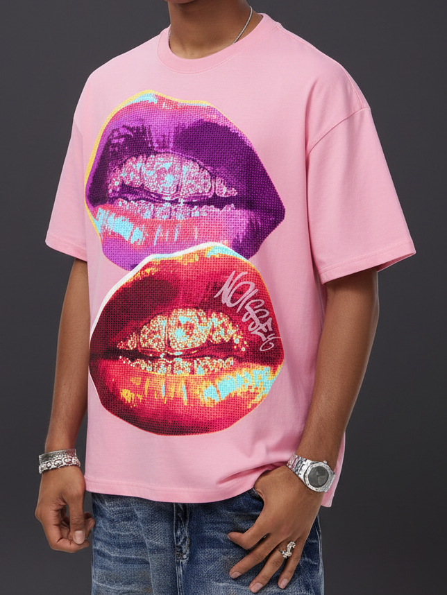 NOISSEY Double Pop Art Iced-Out Lips Graphic Tee - Pink Oversized Streetwear Shirt