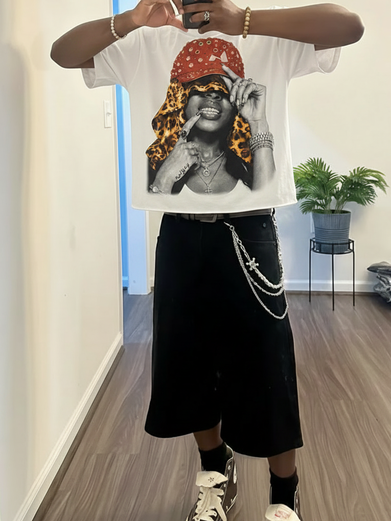 NOISSEY Rhinestone Red Cap & Leopard Girl Graphic Heavyweight Boxy Tee