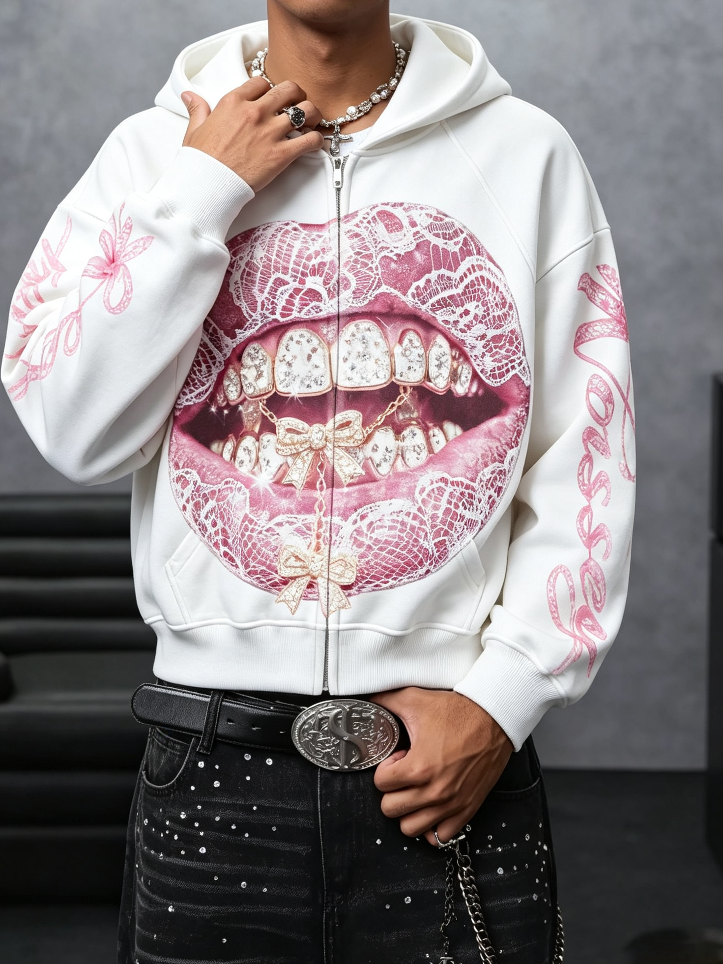 NOISSEY Pink Lace & Bow Grillz Lips Graphic Zip-Up Hoodie - White Y2K Streetwear Hoodie