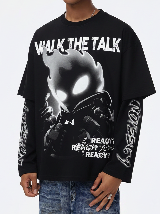 NOISSEY "WALK THE TALK" Flame Character Faux-Two-Piece Long Sleeve - Pitch Black