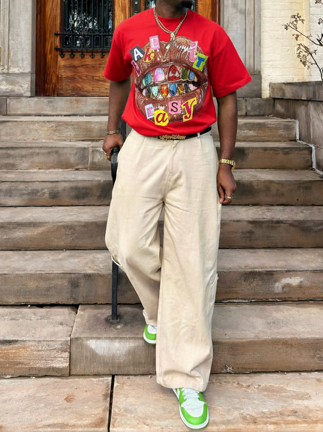 NOISSEY "TAKE IT EASY" Diamond Grillz Lips Collage Boxy Fit T-Shirt - Red