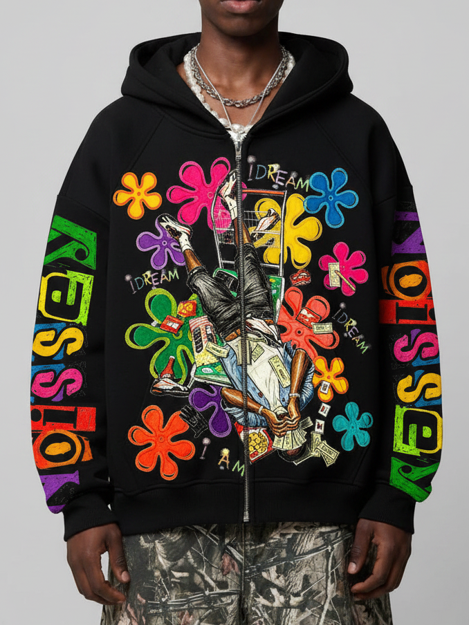NOISSEY Colorful Graffiti Flower & Dreamer Portrait Full-Zip Hoodie - Classic Black / Pure White