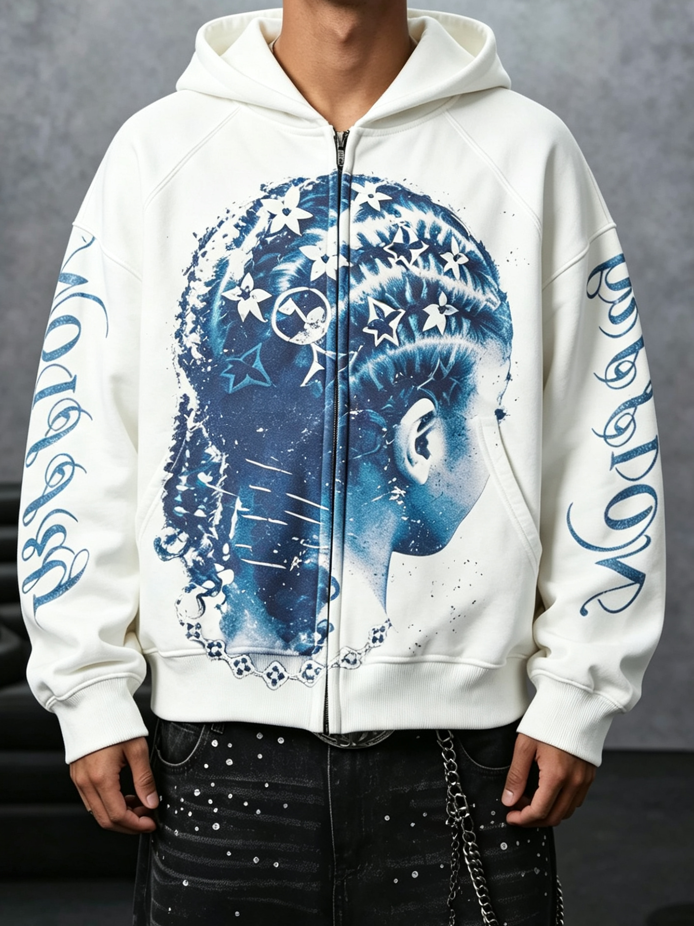NOISSEY "Blue Braid" Iconic Floral Hair Art Zip-Up Hoodie - White