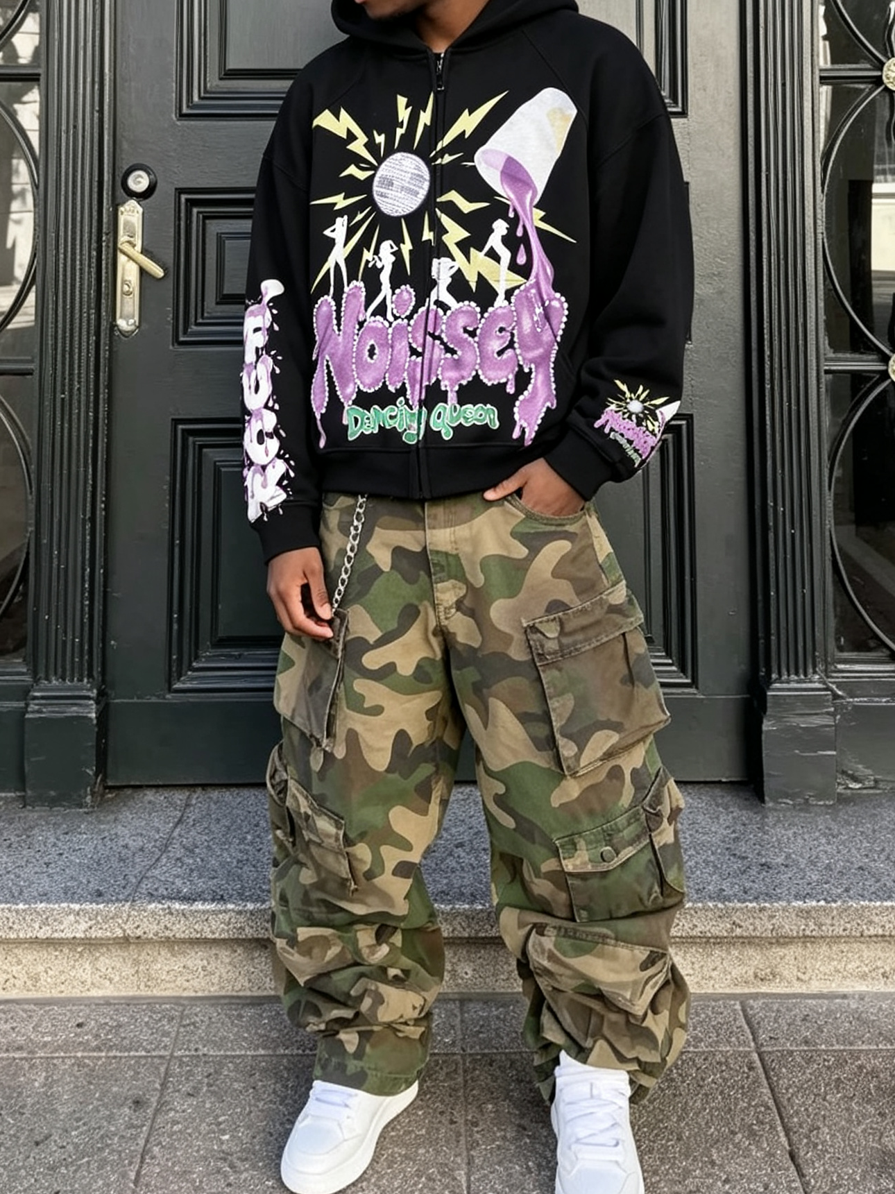 NOISSEY "Dancing Queen" Disco Ball Purple Liquid Lettering Black Zip-Up Hoodie
