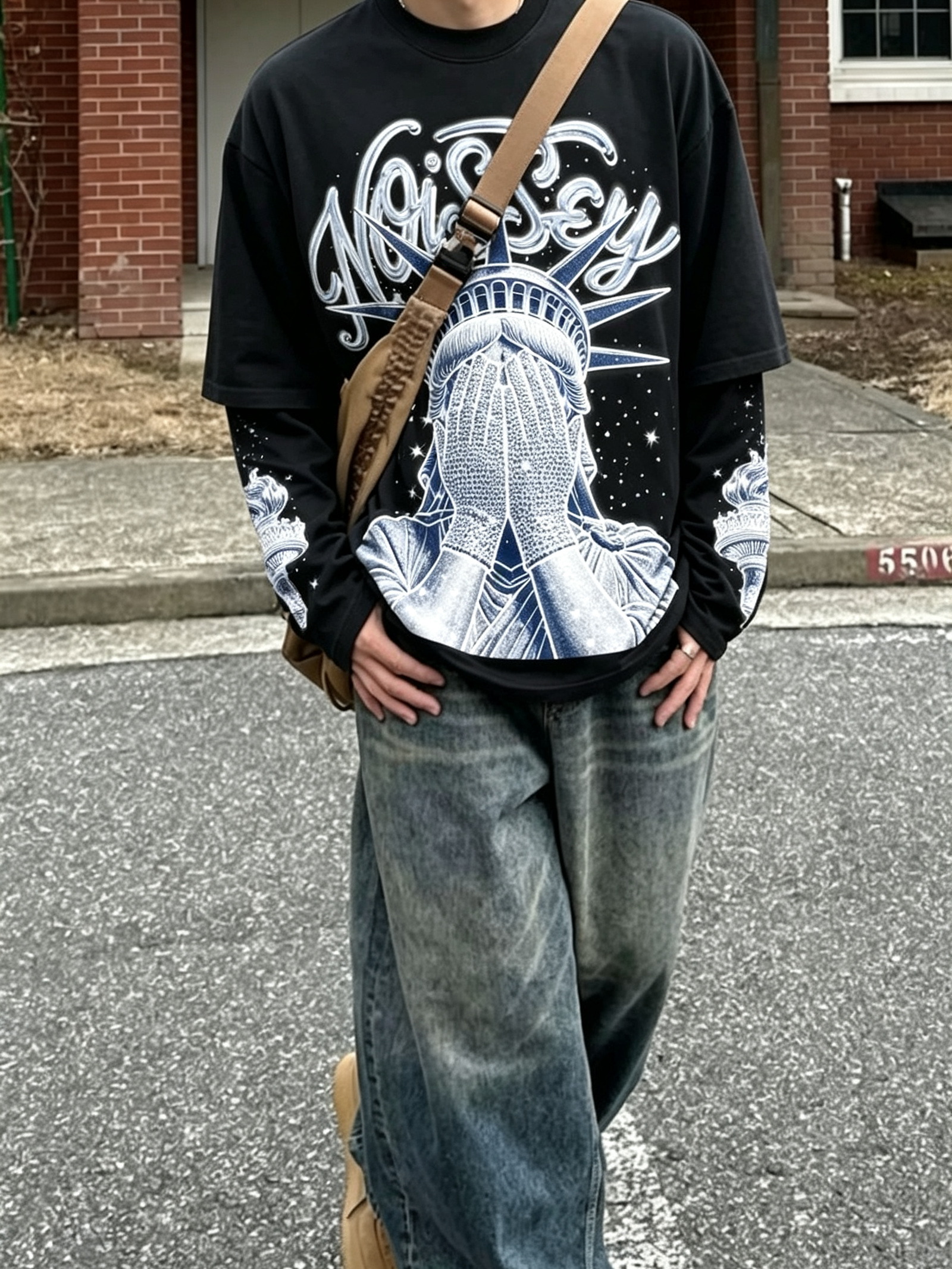 NOISSEY Diamond Liberty Graphic Fake-Two-Piece Heavyweight Long Sleeves