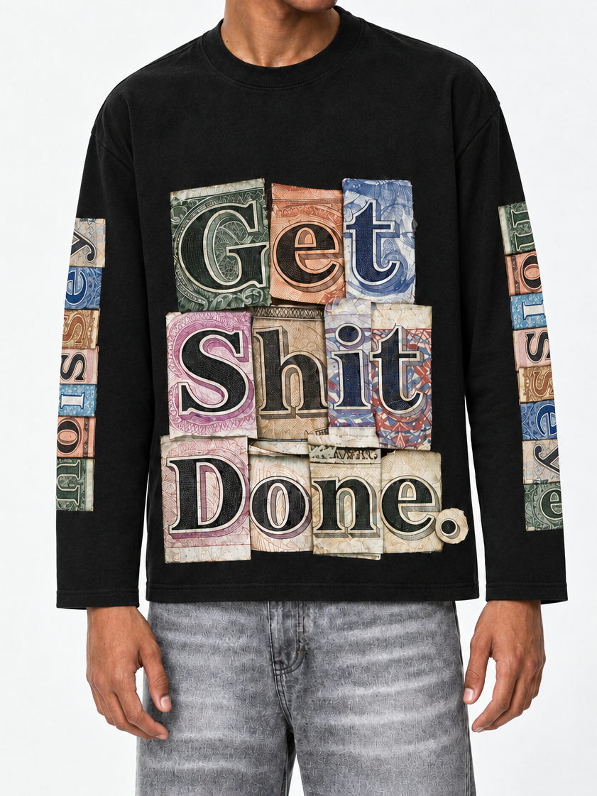 NOISSEY Money Collage "Get Shit Done" Streetwear Black Faux-Layer Long Sleeves