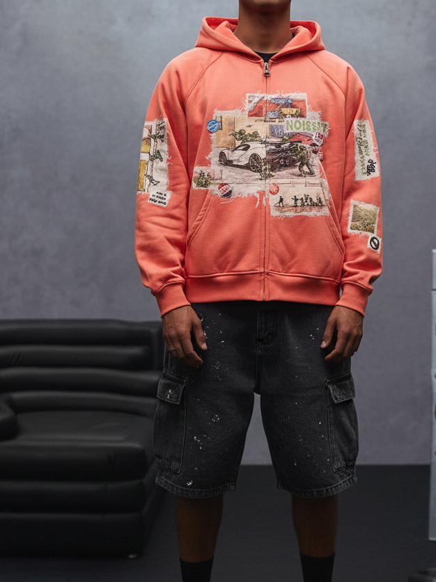 NOISSEY Toy Soldier Graphic Heavyweight Full-Zip Hoodie - Orange