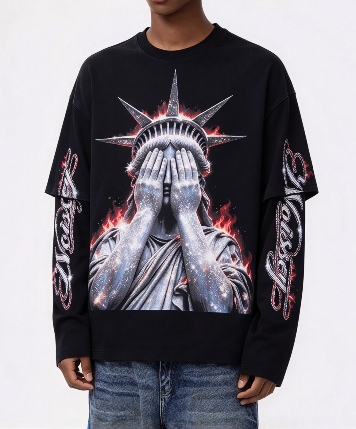 NOISSEY "Burning Liberty" Rhinestone-Effect Face-Covered Statue of Liberty Black Fake Two-Piece Long-Sleeve Tee