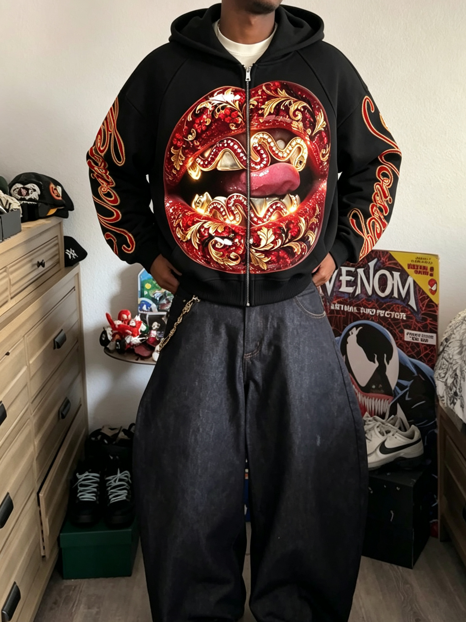 NOISSEY Baroque Diamond Lips Heavyweight Full-Zip Hoodie Black