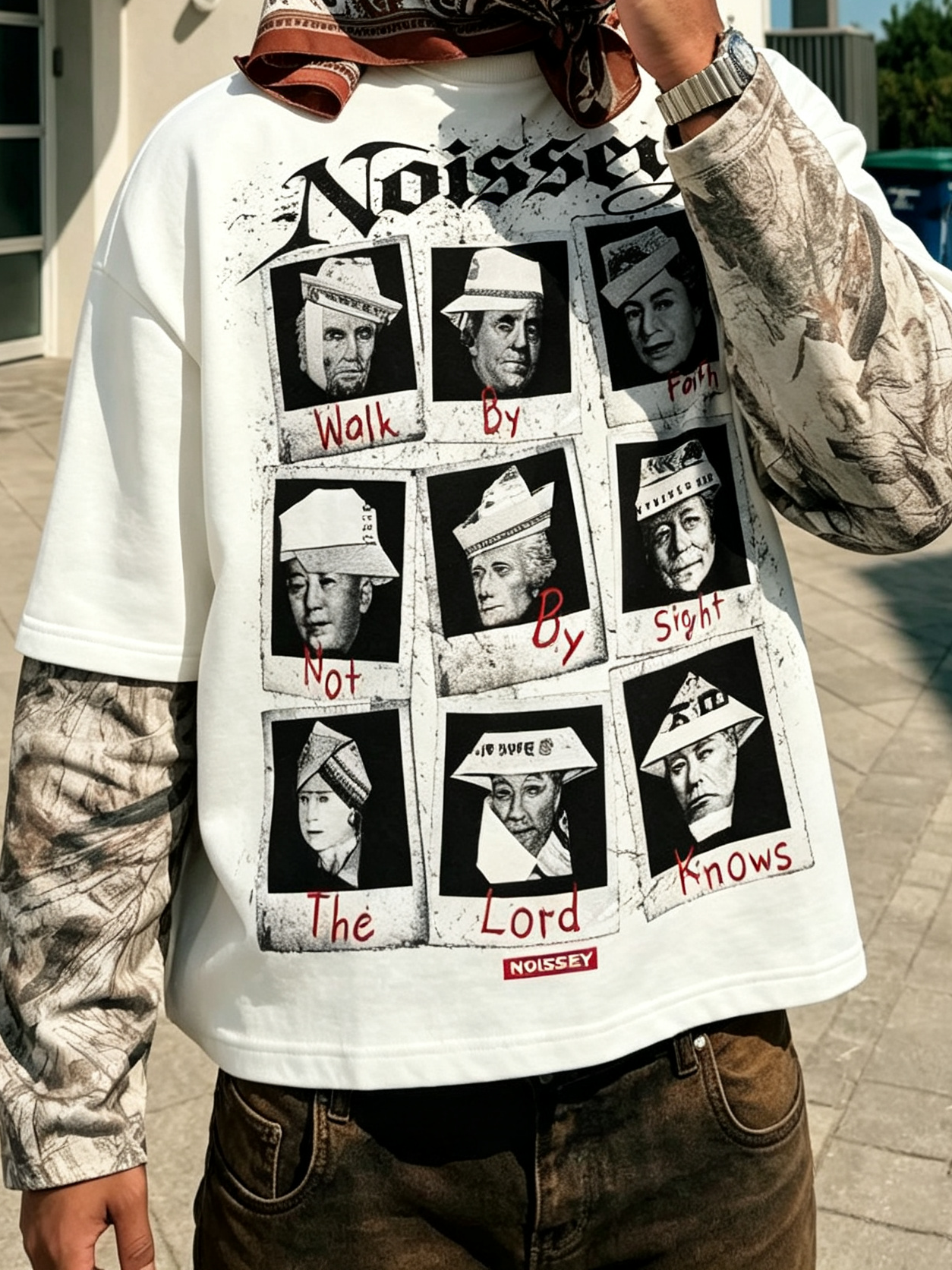 NOISSEY Money Party Polaroid Fake-Two-Piece Heavyweight Long Sleeves - White/Camo Streetwear Shirt