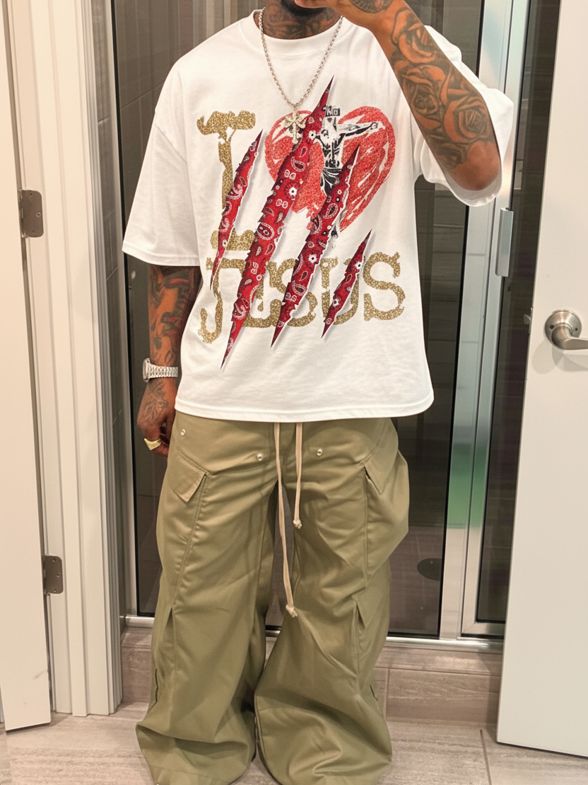 NOISSEY I LOVE JESUS Red Paisley Claw Slash Graphic T-Shirt - White Oversized Streetwear Tee