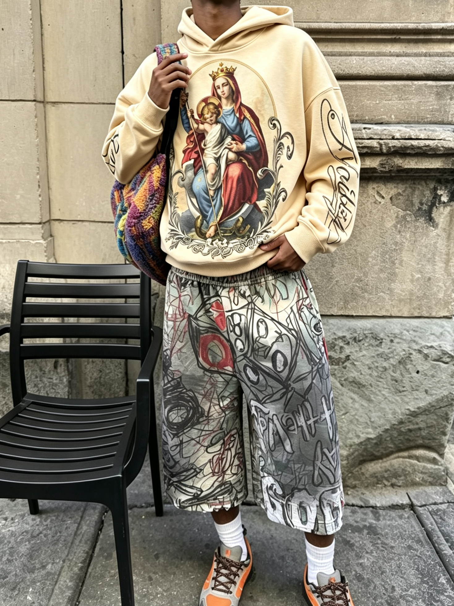 NOISSEY Vintage Oil Painting Virgin & Child Graphic Cropped Hoodie - Beige Streetwear Pullover