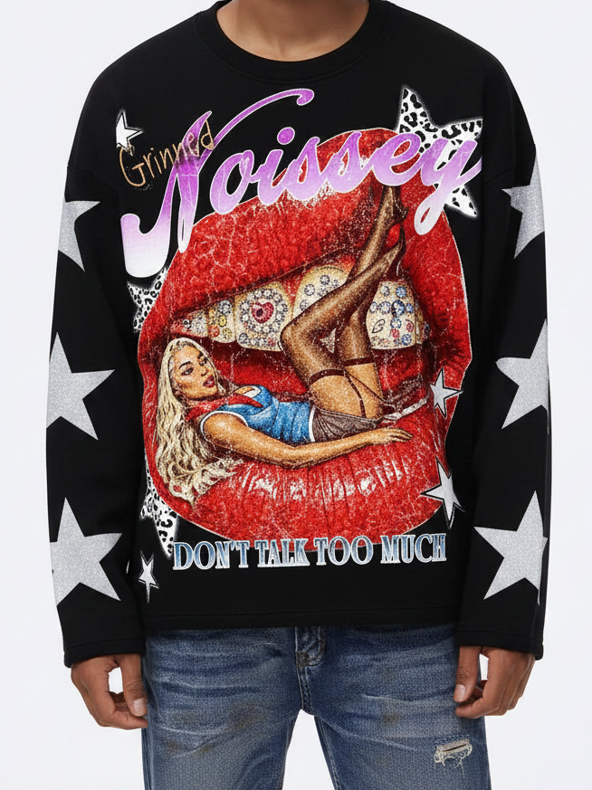 NOISSEY Grinned Star Lips Graphic Heavyweight Long Sleeve Tee - Black Streetwear Shirt