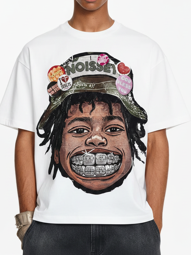 NOISSEY Badge Bucket Hat Iced-Out Grillz Skater Kid Boxy Graphic Tee