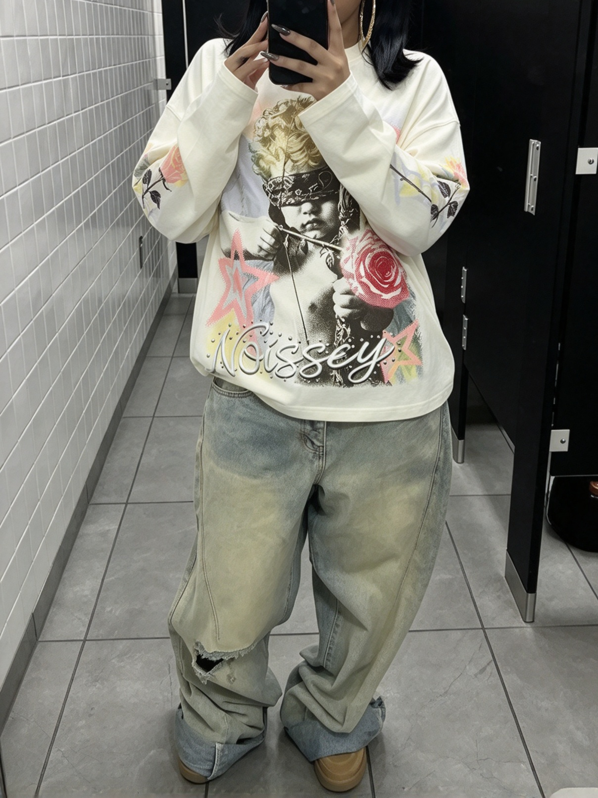 NOISSEY "Blind Cupid" Morandi Tone Paisley Blindfolded Angel & Rose White Long-Sleeve Tee