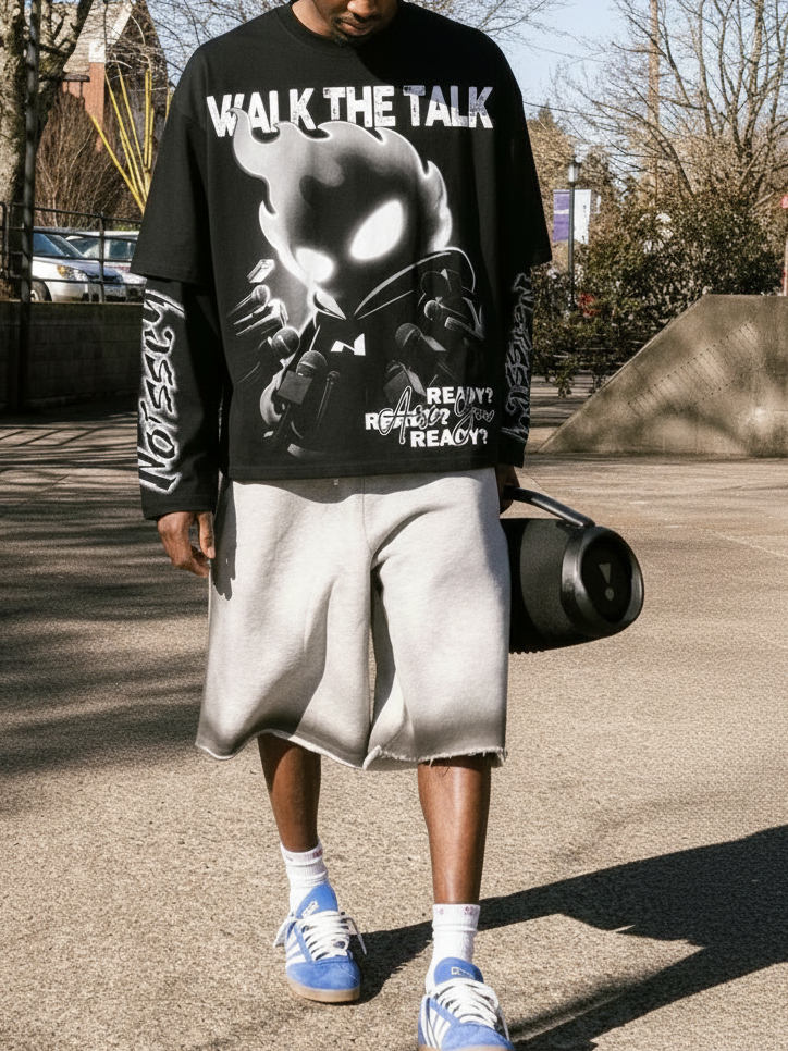 NOISSEY "WALK THE TALK" Flame Character Faux-Two-Piece Long Sleeve - Pitch Black