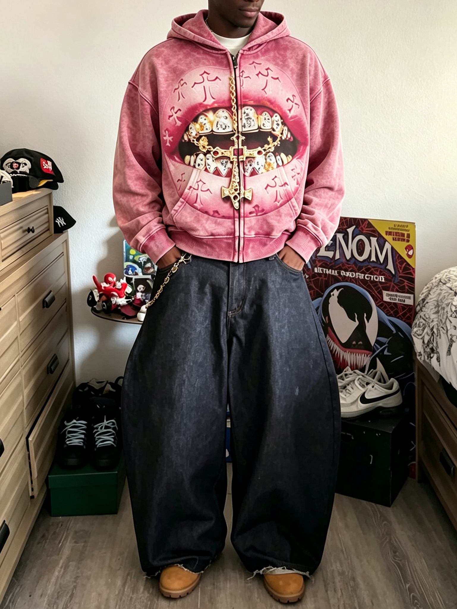 NOISSEY Pink Crucifix Lips Washed Iced Out Zip-Up Hoodie - Pink Hoodie