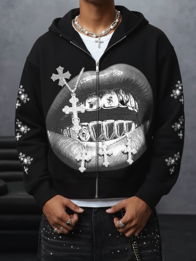 NOISSEY Gothic Cross Rhinestone Sleeve Grillz Lips Zip-Up Hoodie - Black Streetwear Hoodie