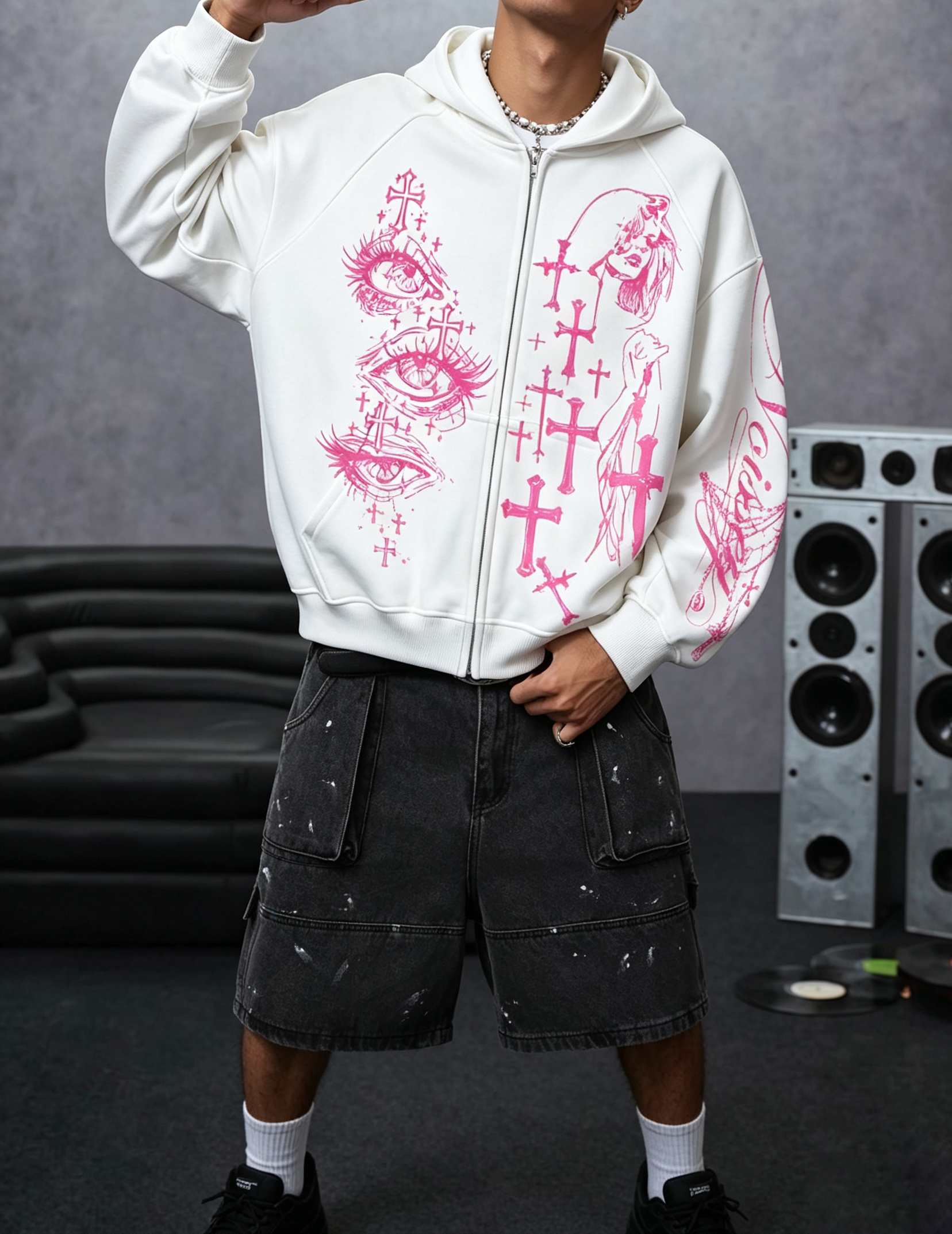 NOISSEY Pink Cross All-Seeing Eye Graffiti Zip-Up Hoodie - Pure White
