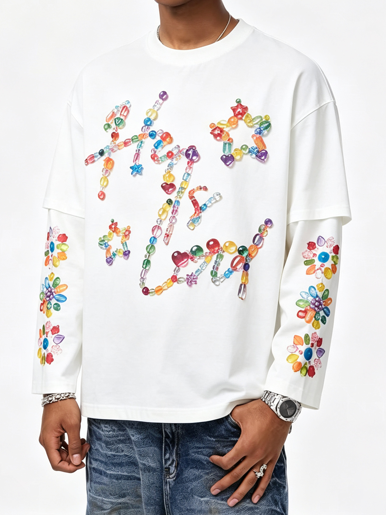 NOISSEY Rainbow Crystal Beaded Script Faux-Two-Piece Long Sleeve - Pearl White