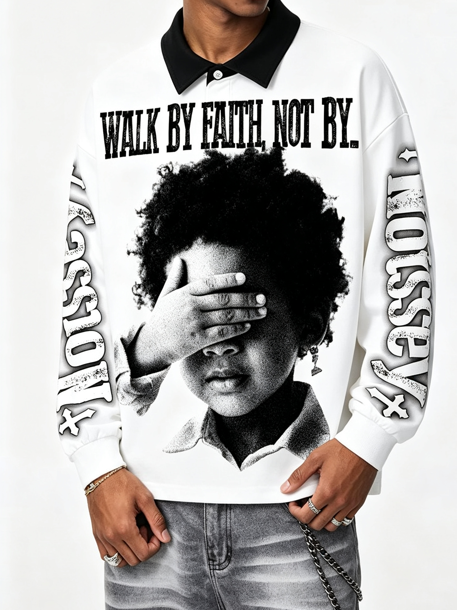NOISSEY “WALK BY FAITH” Child Portrait Heavyweight Long Sleeve Polo - White Streetwear Long sleeves